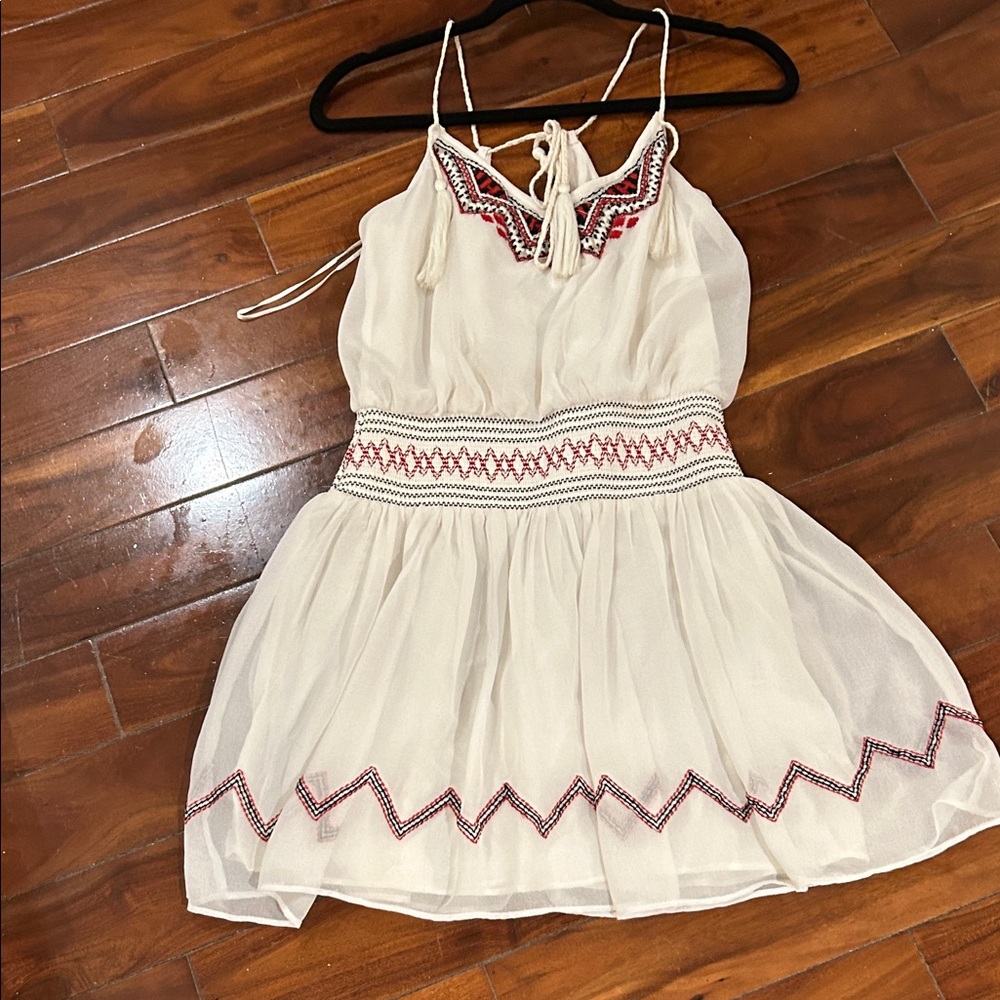 Free People White Mini Dress with Red Embroidery